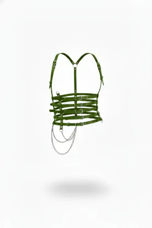Olive Green Faux Leather Body Harness with Multiple Adjustable Buckle Straps and Decorative Silver Chains