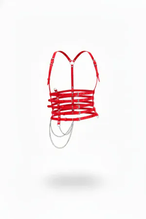 Red Faux Leather Chest Harness with Multiple Buckle Straps and Silver Chains