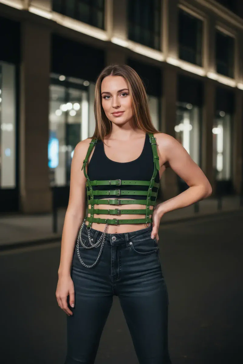 Vegan Leather Body Harness with Waist Chain Detail