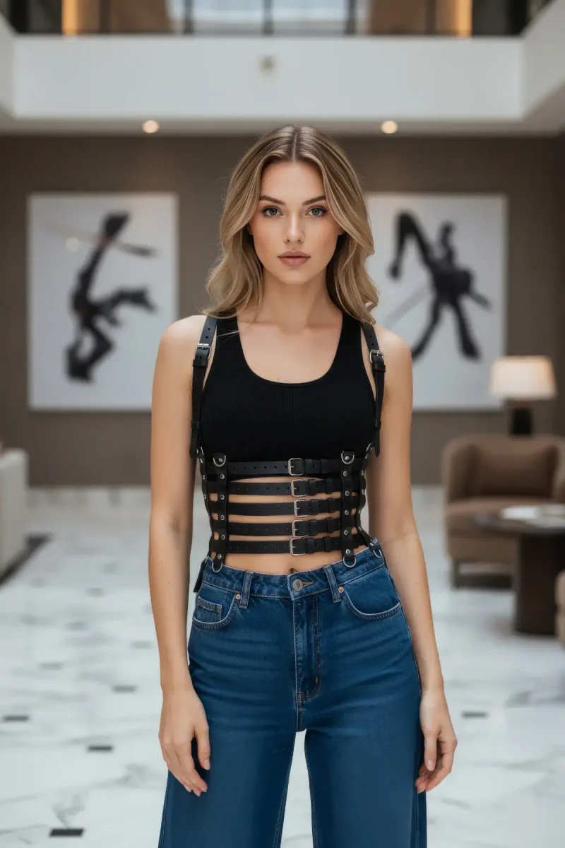 Black Women's Belt Leather Multi-Buckle Body Accessory - APFT630