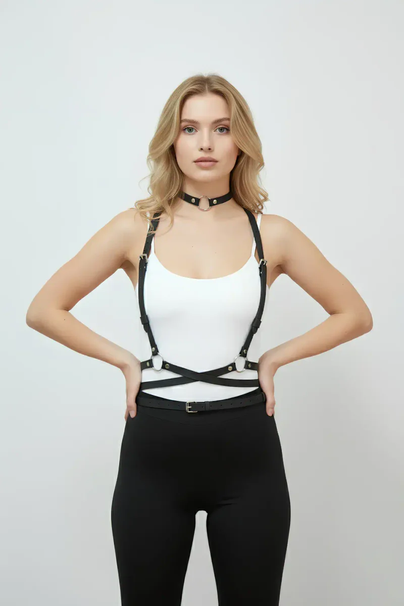 Black Faux Leather Body Harness with Choker Set O-Ring Detail Adjustable