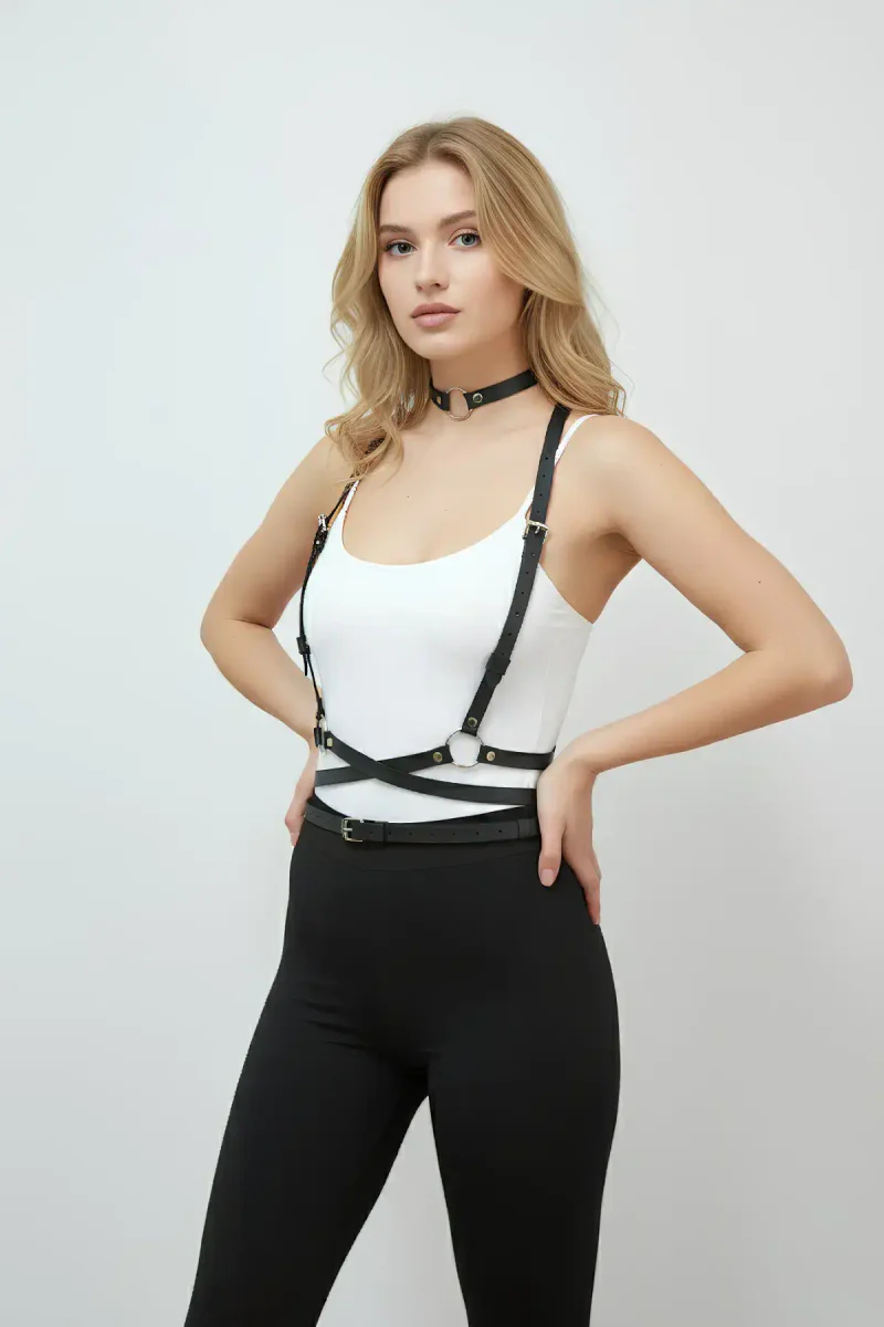 Black Faux Leather Strap Harness Outfit Front