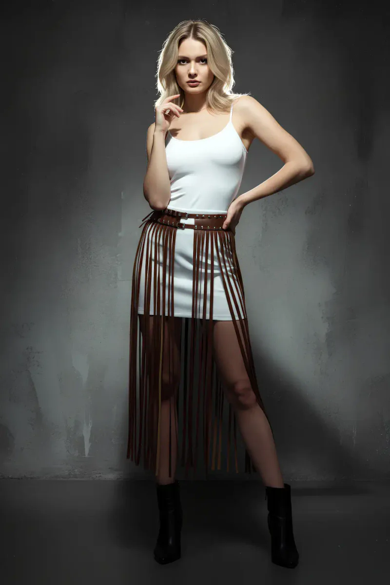 Brown Fringe Waist Harness Skirt Overlay Side