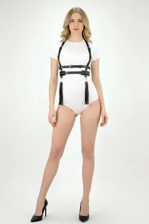Black Faux Leather Body Harness Women Detachable Tassels Front View