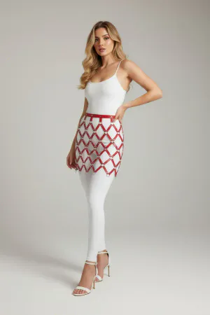 Red Skirt Leather Argyle Patterned Skirt with Hoop Detail Mini Skirt - APFT696
