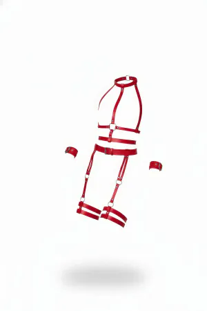 Red Vegan Leather Full Body Harness with Garter Straps and Matching Wrist Cuffs Silver Hardware