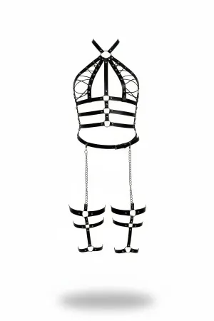 Black Faux Leather Halter Neck Body Harness Detachable Leg Garters Caged Bust Design