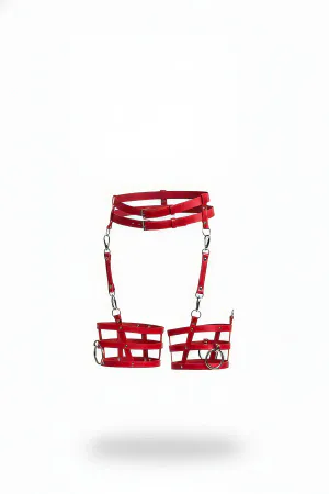 Red Faux Leather Caged Leg Garter Harness with Silver O-Rings and Buckles