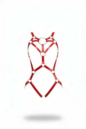 Red Adjustable Body Harness with O-Ring Details - Faux Leather