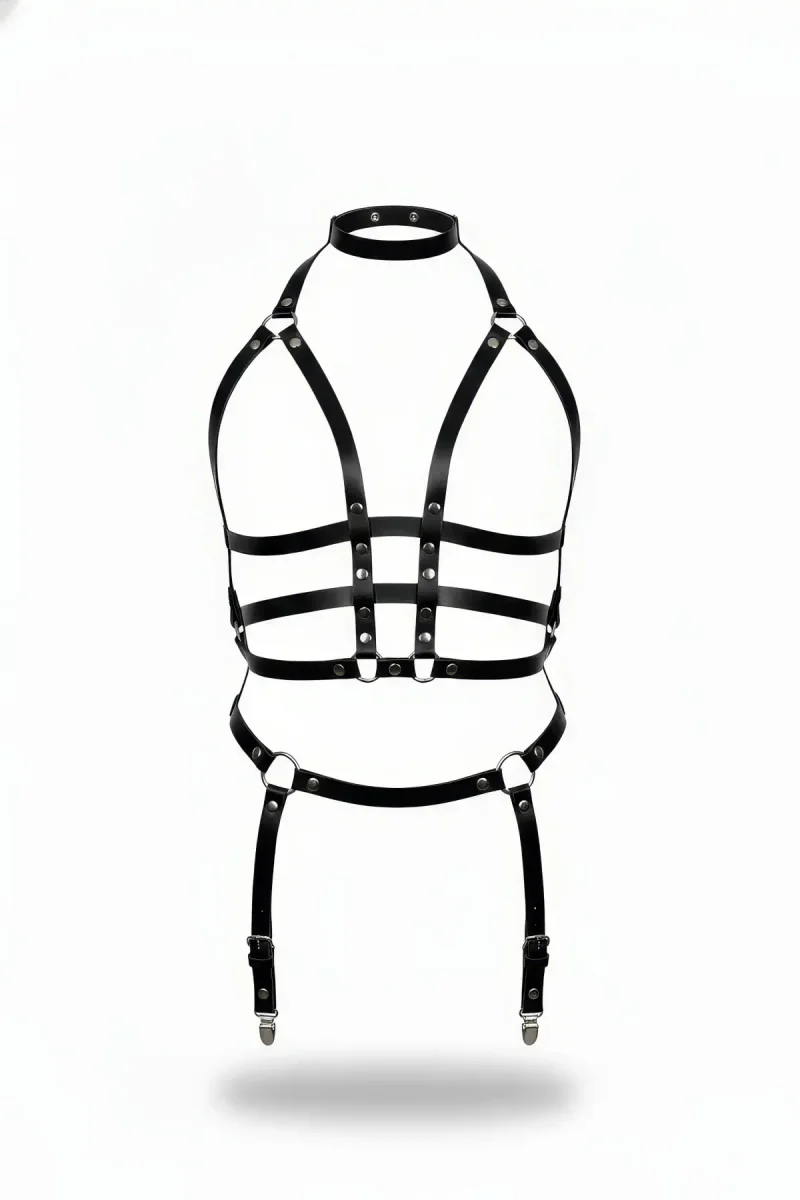 Black Faux Leather Full Body Harness Halter Choker Garter Straps