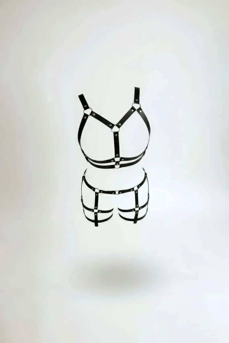 Black Faux Leather O-Ring Body Harness Short Set Women
