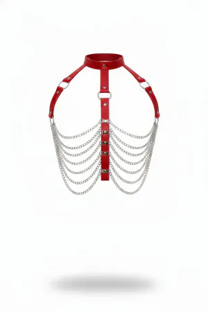 Red Women's Belt Multi-Layered Chain Leather Accessory - APFT721