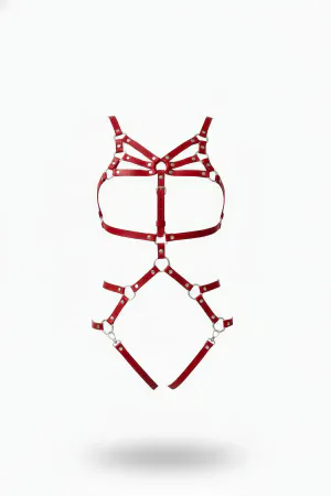 Red Leather Body Harness Adjustable Strap Cage Top