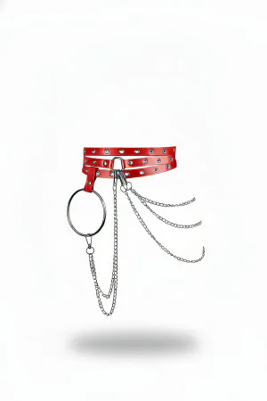 Red Faux Leather Triple Strap Waist Harness with Silver O-Ring and Draped Chains