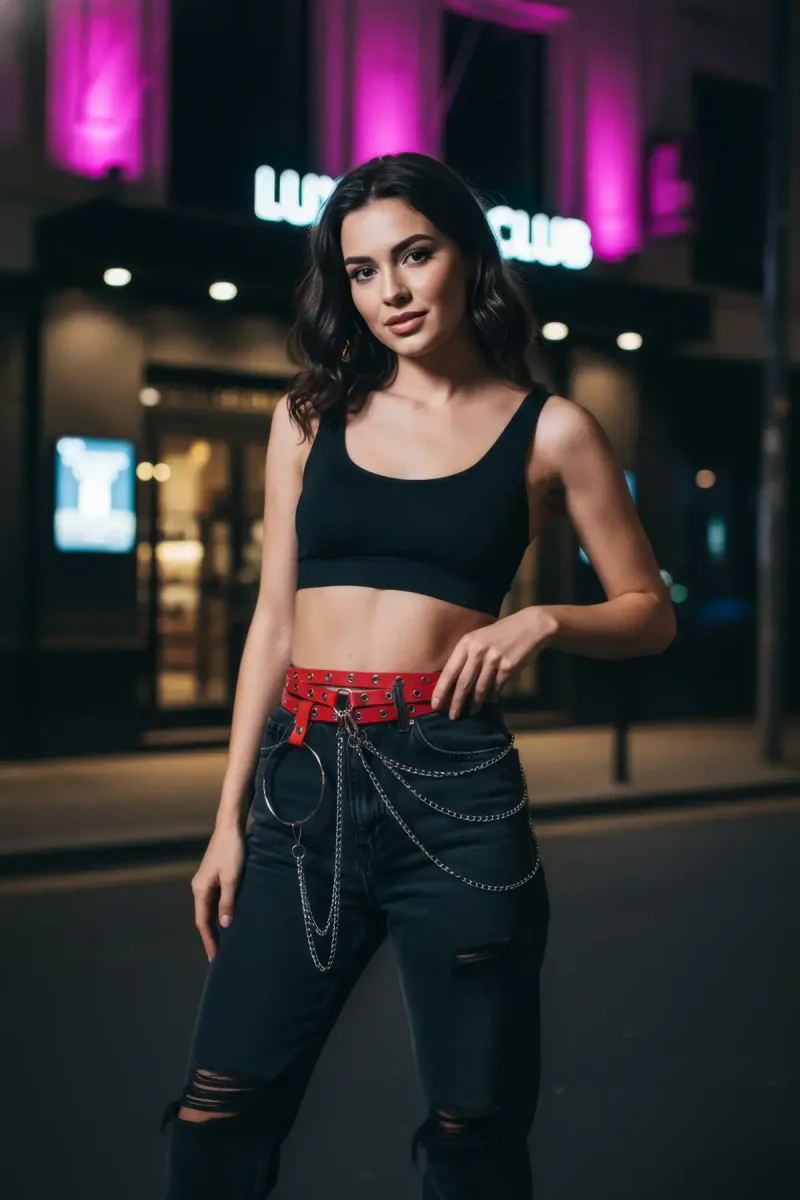 Vegan Leather Waist Belt Red with Det