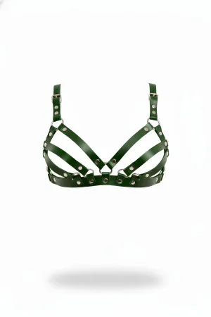 Dark Green Chest Harness Leather Adjustable with Staple Detail - APFT733