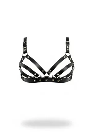 Black Chest Harness Faux Leather Adjustable with Staple Detail - APFT733