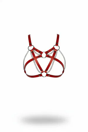 Red Faux Leather Chest Harness with Silver O-Rings and Draping Chains, Star Design