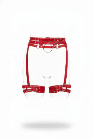 Red Faux Leather Garter Harness with Silver O-Ring and Rivet Details on White Background