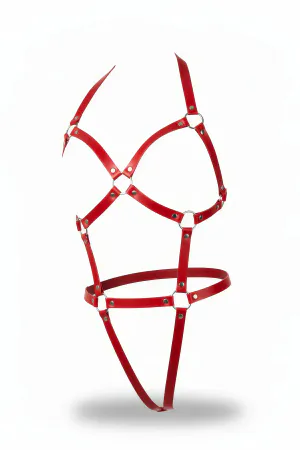 Adjustable Red Leather Body Harness with Metal Ring Details