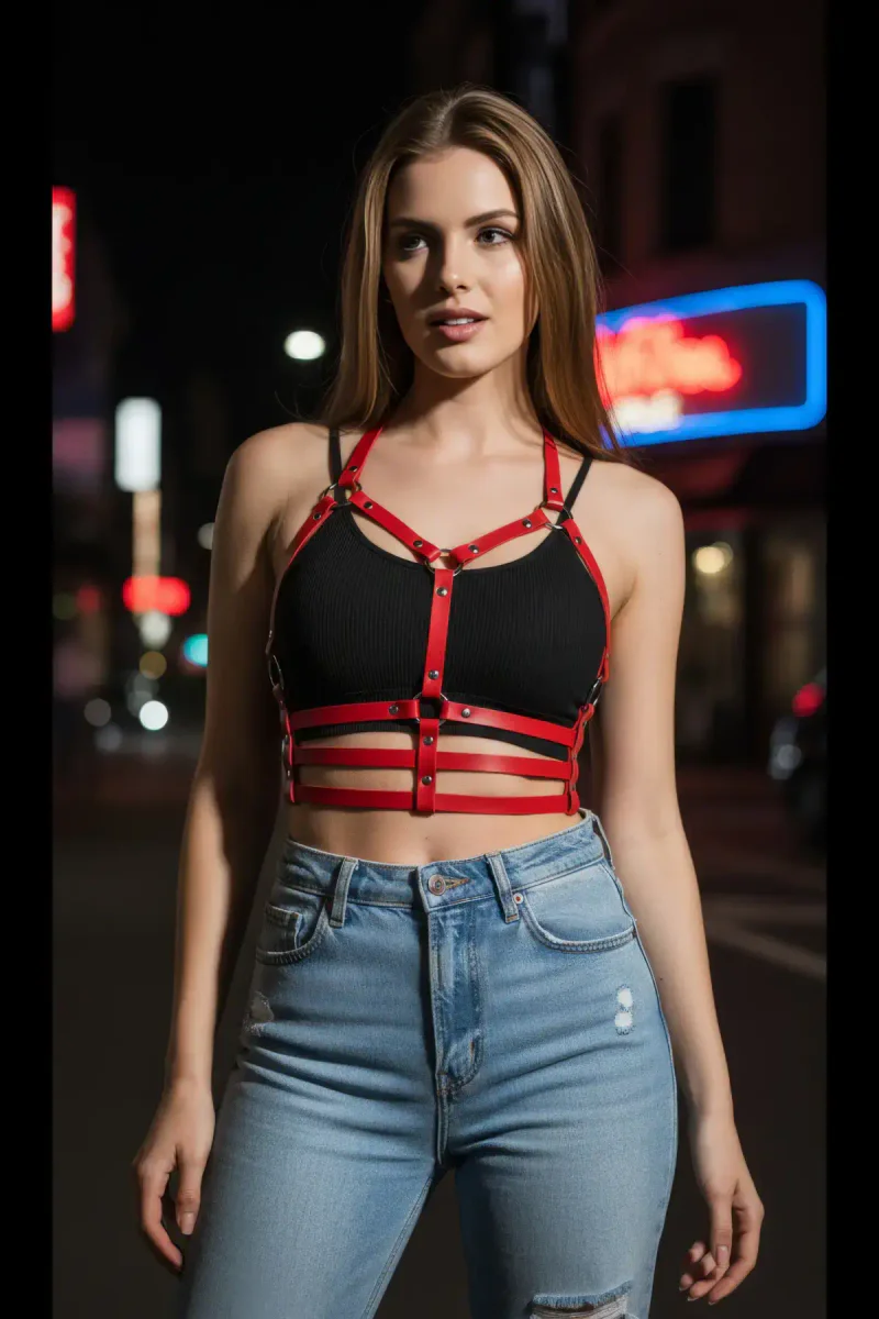 Red Women's Belt Faux Leather Body Accessory with Multiple Ring Detail - APFT760