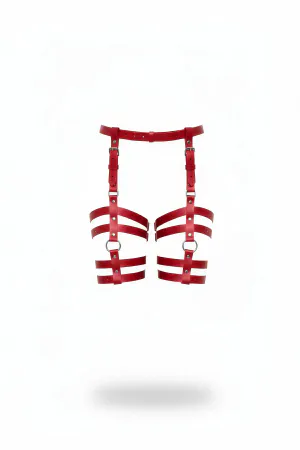 Red Vegan Leather Caged Leg Garter Harness Adjustable Straps Silver O-Rings