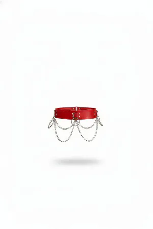 Red Faux Leather Waist Harness with Draped Silver Chains and O-Ring Closure