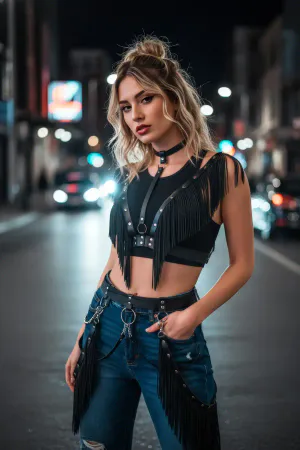 Black Women's Belt and Fringe Detailed Chain Waist Accessory - APFT768