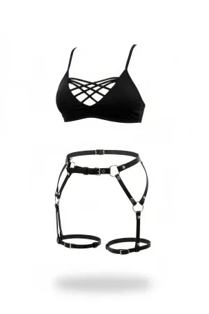 Black Faux Leather Garter Harness with Adjustable Thigh Straps and Silver O-Rings