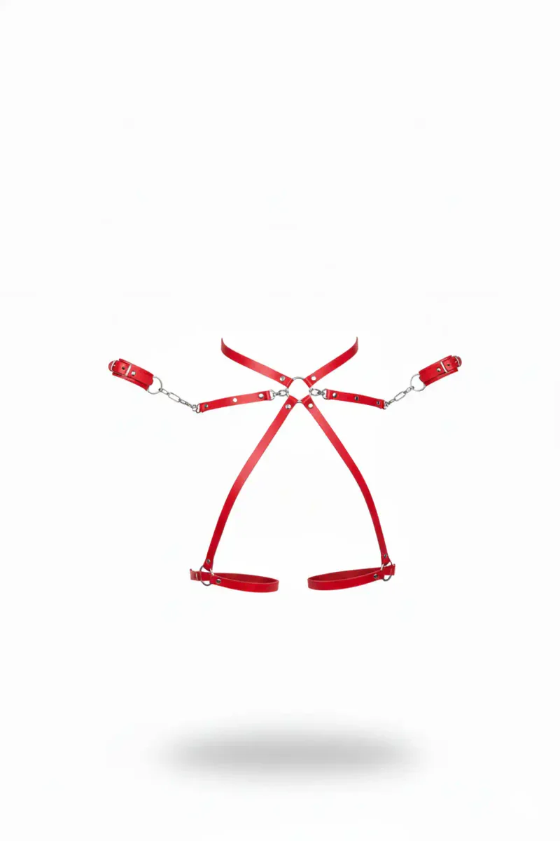 Red Faux Leather Body Harness with Chain Cuffs Adjustable Straps