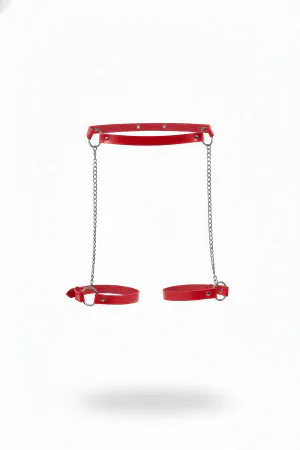 Vivid Red Faux Leather Garter Harness with Adjustable Leg Straps, Silver Chains, and O-Ring Hardware