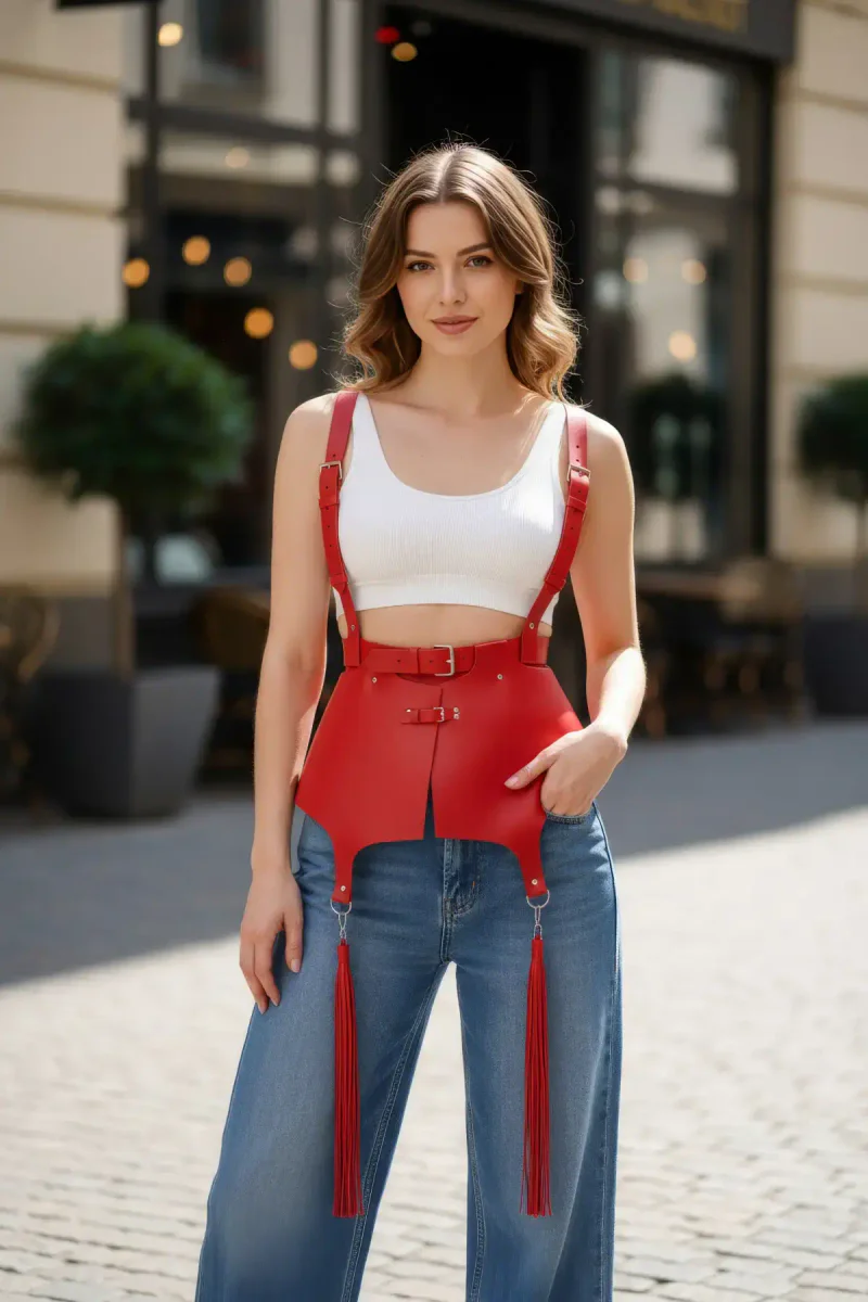 Red Women's Belt with Wide Leather Corset Detail - APFT787