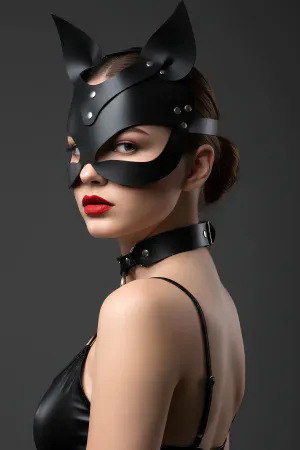 Black Mask Leather Cat Ears Costume - APFT789