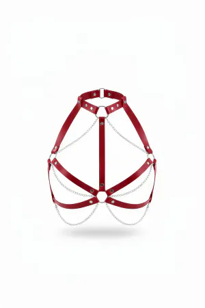 Red Chest Harness Adjustable Body Accessory with Leather Chain Detail - APFT796