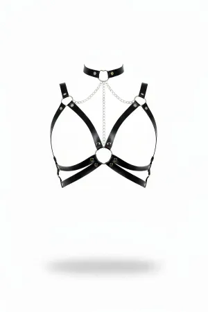 Black Chest Harness Leather Choker with Chain Detail - APFT797