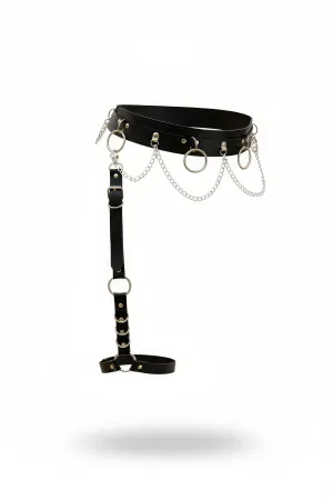 Black Faux Leather Chain Waist Harness with Detachable Single Leg Garter and Silver O-Rings