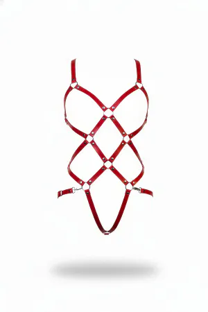 Red Leather Body Harness Adjustable Cage with O-Ring Details