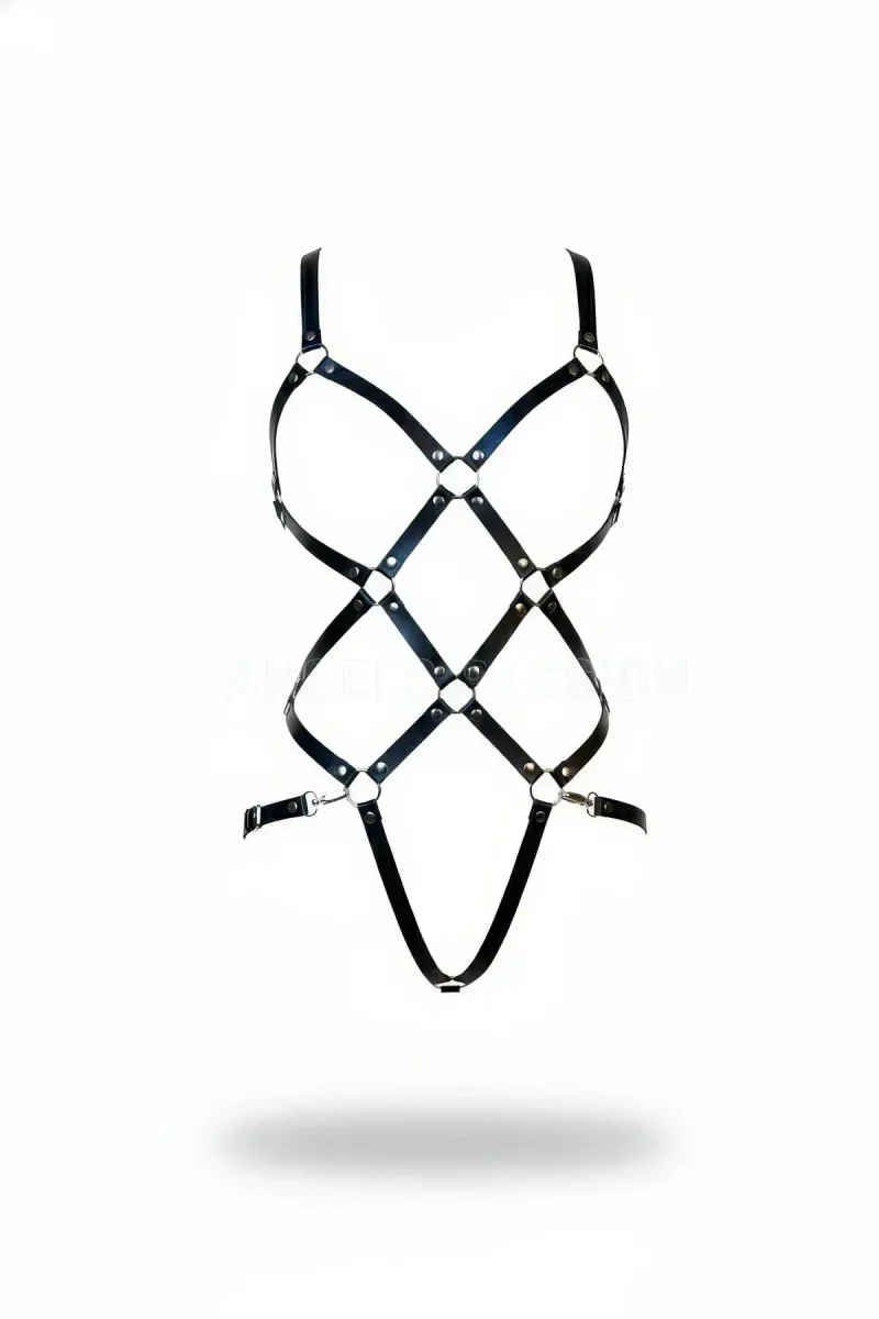 Black faux leather strappy cage body harness with O-rings