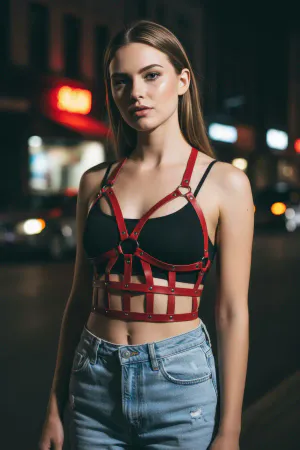 Red Women's Belt Leather Cage Detailed Body Accessory - APFT819