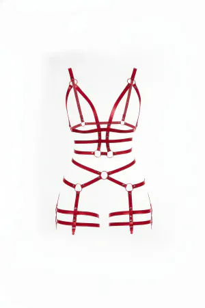 Red Faux Leather Body Harness - Adjustable Ring Detail