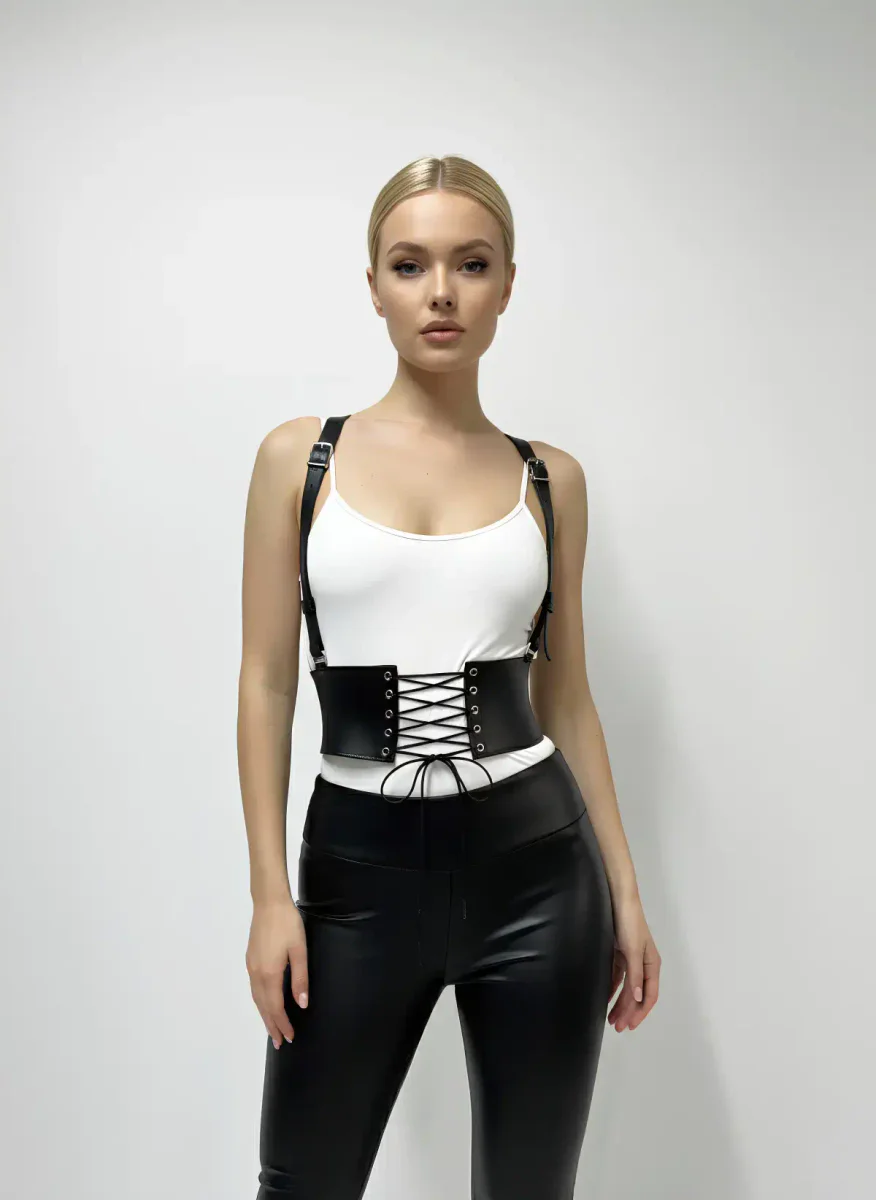 Black Fashion Harness Outfit Worn with White