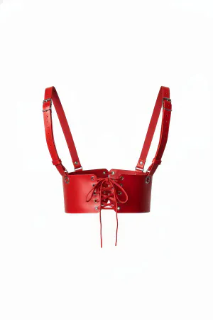 Red Faux Leather Underbust Harness Lace-Up Front Adjustable Shoulder Straps