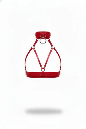 Red Faux Leather Choker Harness with Silver O-Ring Hardware Front View