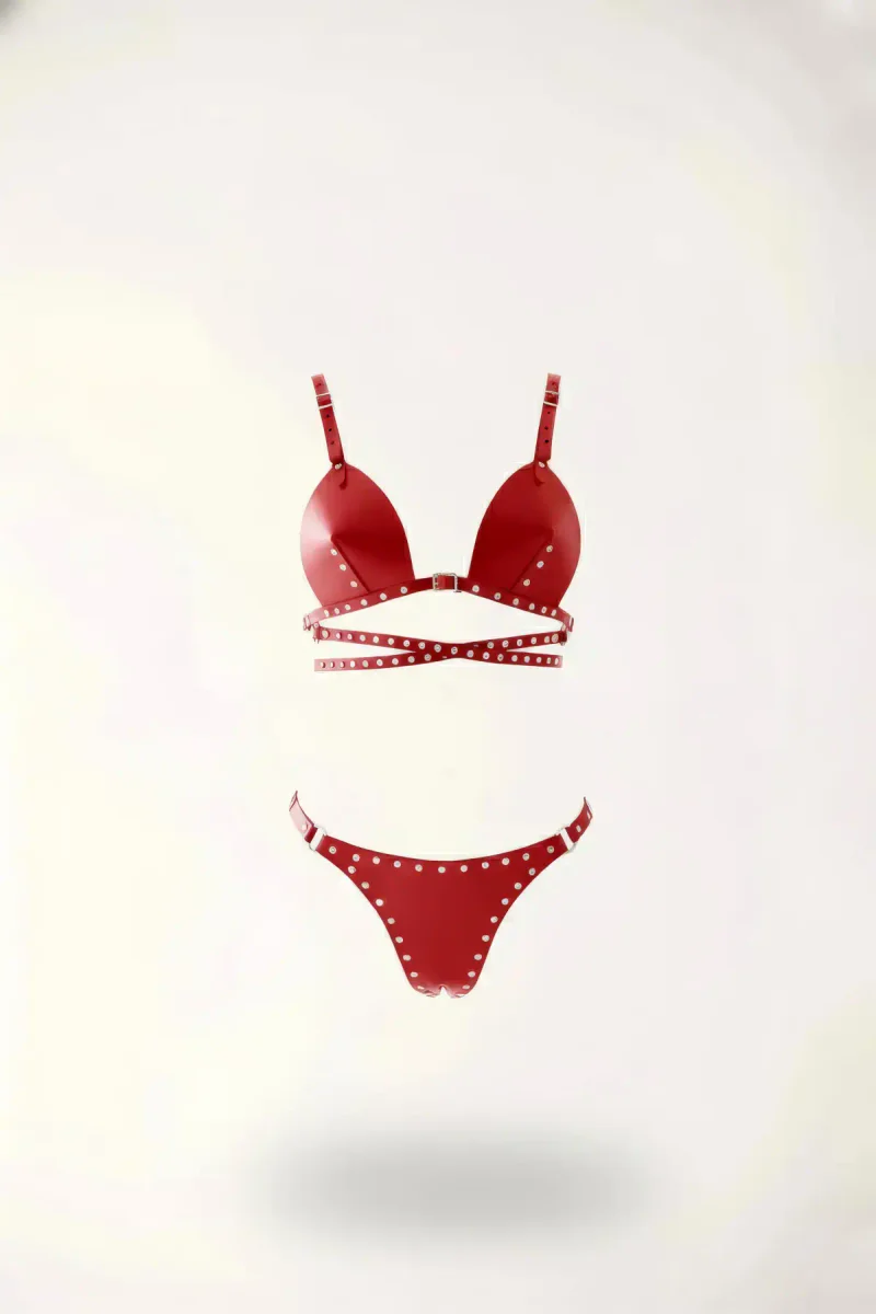 Red Studded Faux Leather Harness Bralette and Thong Set