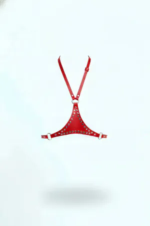Red Faux Leather Halter Chest Harness with Studded Triangular Panel and Silver O-Ring