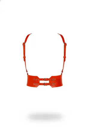Orange faux leather waist harness with adjustable shoulder straps and double buckle front detail