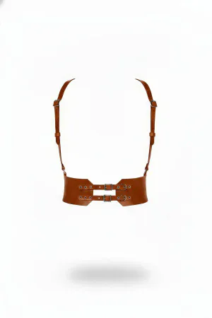 Tan faux leather waist cincher harness with adjustable shoulder straps and double silver buckles