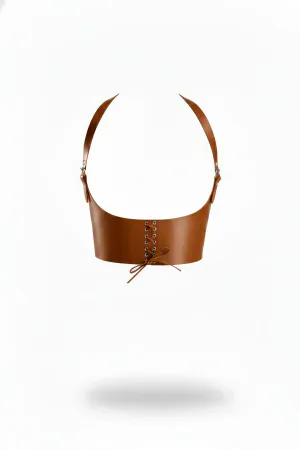 Tan Faux Leather Corset Harness Underbust Laced Front Shoulder Straps