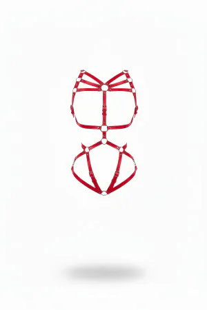 Red Leather Body Harness with Adjustable Straps & O-Rings