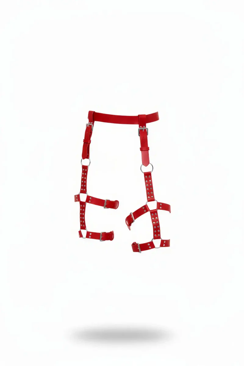 Red faux leather leg garter harness with adjustable straps and O-ring